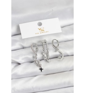 Pirinç Gümüş Renk Zirkon Taşlı Uzay Model YSX Trio Küpe Seti 5886 - HPSBYI2840-9738