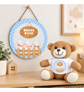 Kişiye Özel Bebek Kapı Süsü (Peluş Ayıcık Hediyeli) – Baby Shower / Hastane Odası