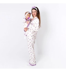 Kadın Anne Ekru Mor Lale Desenli Fırfırlı Bandanalı Pijama Takımı
