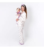 Kadın Anne Ekru Mor Lale Desenli Fırfırlı Bandanalı Pijama Takımı