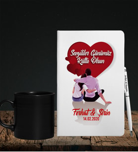Sevgililer Gününe Özel Defter Kalem & Siyah Varil Kupa Hediye Seti 1