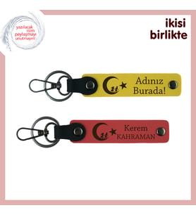 Çocuk Ve Ayyıldız Gibi Parlayan Anlamlı Hediye, Kişiye Özel Deri Anahtarlık Takım, Sarı-Nar Çiçeği
