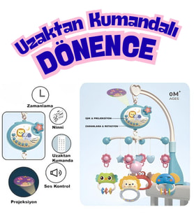 Projektörlü Müzikli Işıklı Dönence Uzaktan Kumandalı Pilli Bebek Çıngıraklı Dişlikli Sabitlemeli Bebek Yatıştırıcı Uyku Arkadaşı (Mavi)