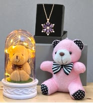 Gerçek Ametist Taşlı Lotus Kolye, Peluş Anahtarlık ve Led Işıklı Fanus Premium Hediye Seti (Model 6)