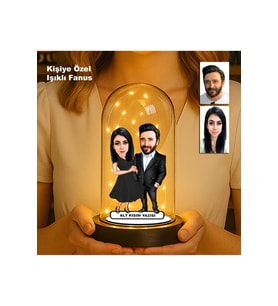 Kişiye Özel Çift Karikatür Fanus  Sevgili ve Evlilere Özel Işıklı Biblo