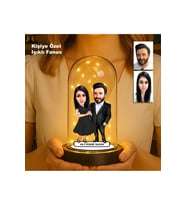 Kişiye Özel Çift Karikatür Fanus  Sevgili ve Evlilere Özel Işıklı Biblo