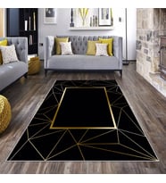 Siyah Zemin Gold Çizgi Çerçeveli Yıkanabilir Kaymaz Taban Leke Tutmaz Modern Salon Halısı ve Yolluk