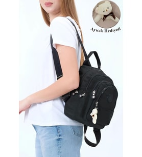 Siyah Unisex Krinkıl Kumaş Çok Bölmeli Sırt Çantası Günlük Çok Gözlü Suya Dayanıklı