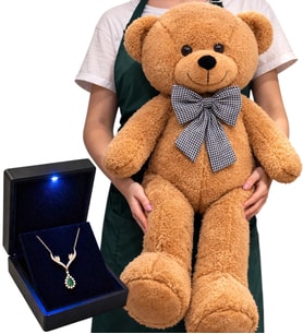 Büyük Boy 80 cm Kahve Peluş Ayıcık ve 925 Ayar Gümüş Yeşil Safir Taşlı Damla Kadın Kolye Hediye Seti
