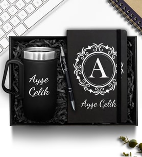 Kişiye Özel Çelik Bardak Termos & Defter & Plastik Kalem Hediye Seti (Siyah)
