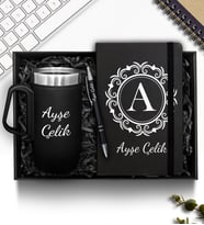 Kişiye Özel Çelik Bardak Termos & Defter & Plastik Kalem Hediye Seti (Siyah)