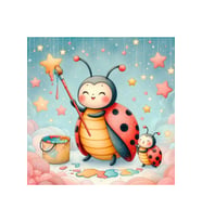 Sevimli Ressam Uğur Böceği ve Yavrusu Temalı Çocuk Odası Çerçevesiz MDF Tablo - Yıldızlı ve Pastel Renkli Bebek Odası Duvar Dekoru