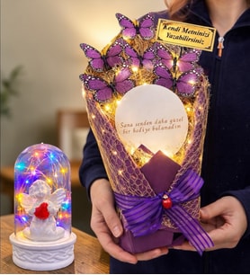 Size Özel Led Işıklı Aynalı Kelebek Buketi & Renkli Led Işıklı Fanuslu (Model 1)