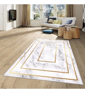 Gri Gold Çerçeveli Mermer Desen Yıkanabilir Kaymaz Taban Leke Tutmaz Modern Salon Halısı ve Yolluk