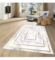 Gri Gold Çerçeveli Mermer Desen Yıkanabilir Kaymaz Taban Leke Tutmaz Modern Salon Halısı ve Yolluk