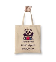 Pazartesi Kesin Diyete Başlıyorum Panda Beyaz Bez Çanta Uzun Saplı Alışveriş Çantası Plaj Çantası