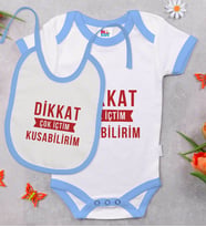 BK Kids Dikkat Çok İçtim Tasarımlı Mavi Bebek Body Zıbın ve Mama Önlüğü Hediye Seti-1