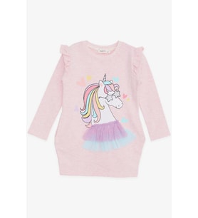 Breeze Kız Çocuk Uzun Kollu Elbise Unicorn Baskılı 1.5-5 Yaş, Somon Melanj