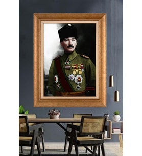 Altın Varaklı Çerçeveli Paspartulu Atatürk Tablo nh213 (Gold)