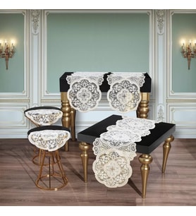 Alya Model Altın 5 Parça Dantelli Salon Takımı Masa Örtüsü Runner Seti