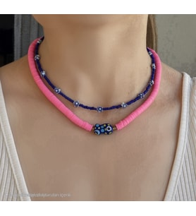 FİMO BONCUKLU MURANO BALIKLI PEMBE MAVİ ÇİÇEKLİ KOLYE SETİ 2Lİ (Çiçek Pembe)