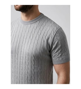 Erkek Yazlık Triko Dokuma Tişört Kısa Kol Bisiklet Yaka Örgü Desenli T-Shirt - Gri