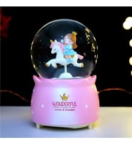 Unicorn Üzerinde Prenses Prens Işıklı Müzikli Püskürtmeli Büyük Boy Kar Küresi (Pembe)