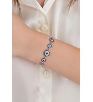 Gümüş Mavi Nazar Boncuklu Zirkon Taşlı  Ortası Büyük Taşlı Zincirli Bileklik (MAVI-LACIVERT)