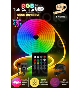3 Metre RGB Neon Şerit LED  AuraFlex  Sese Duyarlı Kumandalı Esnek Aydınlatma