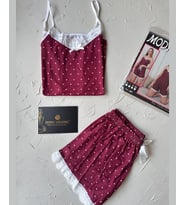 Intive Dantel Detaylı Yumuşacık Bordo Puantiye Desenli Askılı Bluz Şort Pijama Takımı
