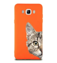 Samsung Galaxy J7 2016 Uyumlu Lansman Kılıf Catface Tasarımlı İçi Kadife Kapak-Turuncu (Şeffaf)