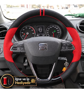 Seat Ibiza Mk5 Dikme Direksiyon Kılıfı Parlak Siyah Kırmızı Detaylı Kırmızı Çift Yüzük ve Dikiş 2015-2017