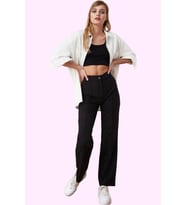 Kadın Yüksek Bel Straight Pantolon Dokuma Kumaş Casual Günlük Hafta Sonu Dayanıklı Malzeme (Siyah)