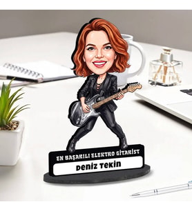 Elektro Gitarist Müzisyen Kadına Hediye Kişiye Özel Karikatürlü Biblo