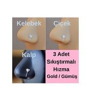 3 Adet 925 Ayar Gümüş Deliksiz Sıkıştırmalı Burun Hızma Seti – Kelebek, Kalp , Çiçek, 3’lü set
