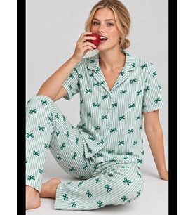 Night Yeşil Kadın Desenli Rahat Pijama Takımı 4800