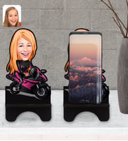 BK Gift Kişiye Özel Kadın Motorcu Karikatürlü Ahşap Biblo Telefon Standı-1