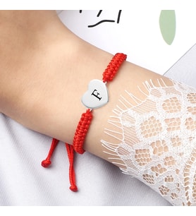 Alberaccessories Kişiye Özel Kalp, F Harf Mineli, Kırmızı Örgü, Beyaz Altın Kaplama, 925 Ayar Gümüş Bileklik