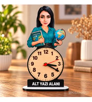 Kadın Öğretmen Temalı Kişiye Özel Karikatürlü 18 cm MDF Dikey Masa Saati - Öğretmen Hediyesi Öğretmenler Günü Hediyesi