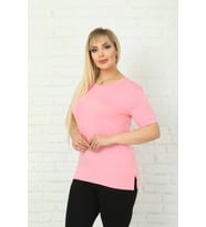Kadın Büyük Beden Bisiklet Yaka Kısa Kol Bluz (Pembe)