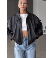 Prifaldi BELİZE Oversize Bomber Belden Lastikli Deri Ceket Siyah