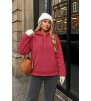 Kadın Kapüşonlu Cepli Mercan Polar Sweatshirt