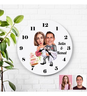 Karikatürlü Gelin Damat Pastalı Kişiye Özel Duvar Saati