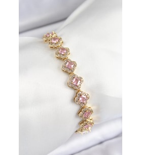 Pirinç Zirkon Taşlı Pembe Yonca Baget Model Gold Renk VIP Seri Kadın Bileklik - TJ-BB7506