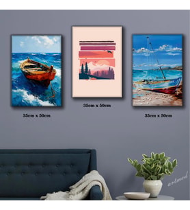 doğa tabelası deniz manzara guaj boya efectli tekne tablosu 3 adet 35cmx50cm kumaş baskılı canvas tablo
