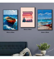 doğa tabelası deniz manzara guaj boya efectli tekne tablosu 3 adet 35cmx50cm kumaş baskılı canvas tablo