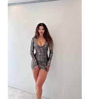 Gri Parlak Lame Kum.Kruvaze Uzun Kollu Mini Elbise