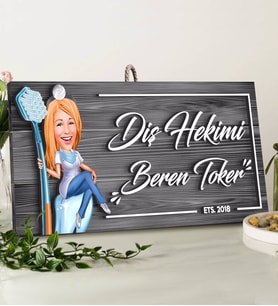 BK Gift Kişiye Özel Diş Hekimi Karikatürlü Gri Dekoratif Ahşap Tabela-2
