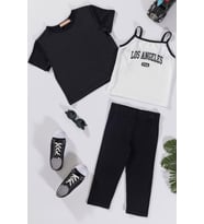 3'lü Los Angeles Baskılı Tshirt Atlet Tayt Siyah Takım