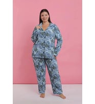 Giyim Kadın Büyük Beden Mavi Tropikal Desenli Düğmeli Pijama Takımı
